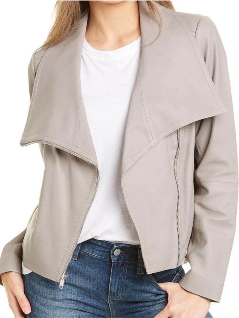 Goat Leather Sam Edelman Draped Front Taupe Gray Moto Bomber Women’s Jacket, XXL